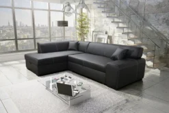 Furnix Sofa Couch NOSMISS Mit Schlaffunktion Und Bettkasten Kunstleder Schwarz MA1100