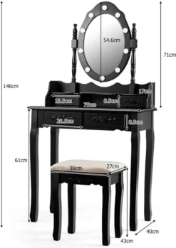 COSTWAY Schminktisch Mit Hocker, 360° Drehbarem Spiegel Und 10 Dimmbaren LED-Birnen, Frisiertisch Aus Tisch Und Abnehmbarer Oberteil, Kosmetiktisch Mit 4 Schubladen, 75 X 40 X 146 Cm (Schwarz) -VIDAXL || HOMCOM Verkäufe 004ed682721932355736f92aecd4ede9