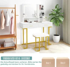 COSTWAY Schminktisch Mit LED Beleuchtung, Großem Spiegel, 2 Schubladen & Regalen, Frisiertisch Mit Gepolstertem Hocker, Kosmetiktisch Für Schlafzimmer, Weiß+Gold -VIDAXL || HOMCOM Verkäufe 037ff4c26970de7ee90efba86832d07c