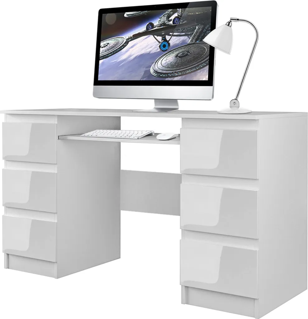 Selsey Schreibtisch SANECT - Computertisch In Weiß Matt / Weiß Hochglanz Mit Tastaturauszug Und 6 Schubladen, 130 X 51 Cm 2 Selsey Schreibtisch SANECT - Computertisch In Weiß Matt / Weiß Hochglanz Mit Tastaturauszug Und 6 Schubladen, 130 X 51 Cm – Bild 2