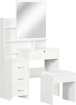 HOMCOM Schminktisch Mit Hocker, Kosmetiktisch Mit Spiegel, Frisiertisch Mit Schubladen, Ablagen, Frisierkommode Mit Anti-Kipp-Schutz Für Schlafzimmer, Weiß, 80 X 38 X 143cm