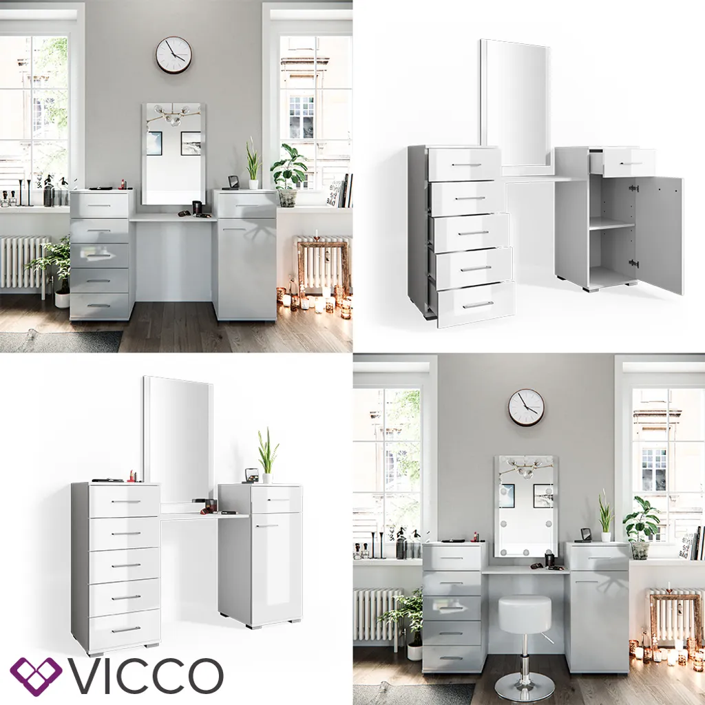 Vicco Schminktisch Zoe Frisiertisch Frisierkommode Spiegel Weiß Hochglanz Inklusive Hocker Und LED-Lichterkette 9 Vicco Schminktisch Zoe Frisiertisch Frisierkommode Spiegel Weiß Hochglanz Inklusive Hocker Und LED-Lichterkette – Bild 9