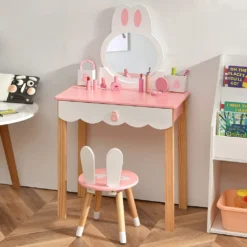COSTWAY Kinder Schminktisch Mit Hocker, Prinzessin Schminkkommode Frisiertisch Mit Spiegel Schubladen & Aufbewahrungsbox, Make-up Schminktisch Frisierkommode Für Kinder Mädchen