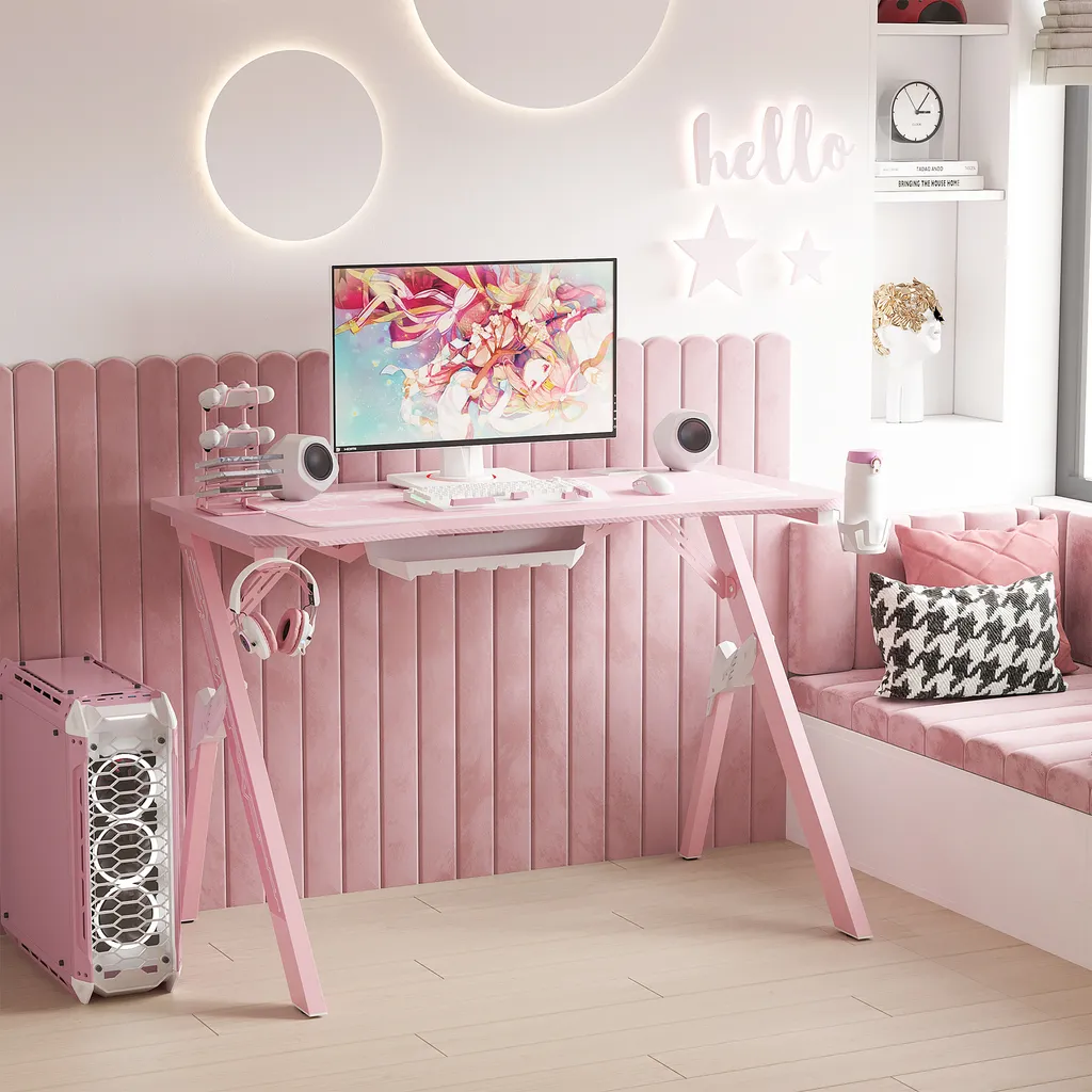HOMCOM Gaming Tisch Schreibtisch Computertisch Arbeitstisch Möbel Für Büro Wohnzimmer Arbeitszimmer, Modernes Design, MDF Metall 110 X 59 X 75 Cm Rosa+Weiß 2 HOMCOM Gaming Tisch Schreibtisch Computertisch Arbeitstisch Möbel Für Büro Wohnzimmer Arbeitszimmer, Modernes Design, MDF Metall 110 X 59 X 75 Cm Rosa+Weiß – Bild 2