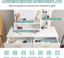 COSTWAY Schminktisch Mit LED Beleuchtung, Großem Spiegel, 2 Schubladen & Regalen, Frisiertisch Mit Gepolstertem Hocker, Kosmetiktisch Für Schlafzimmer, Weiß+Gold -VIDAXL || HOMCOM Verkäufe 10454159321648d8d7e81d3bba06b28f