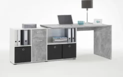 FMD Furniture Winkelschreibtisch In Beton / Weiß Tisch 136 X 75 X 68 Cm, Regal 137 X 71 X 33 Cm Computertisch Für Gaming, Büro Oder Arbeitszimmer