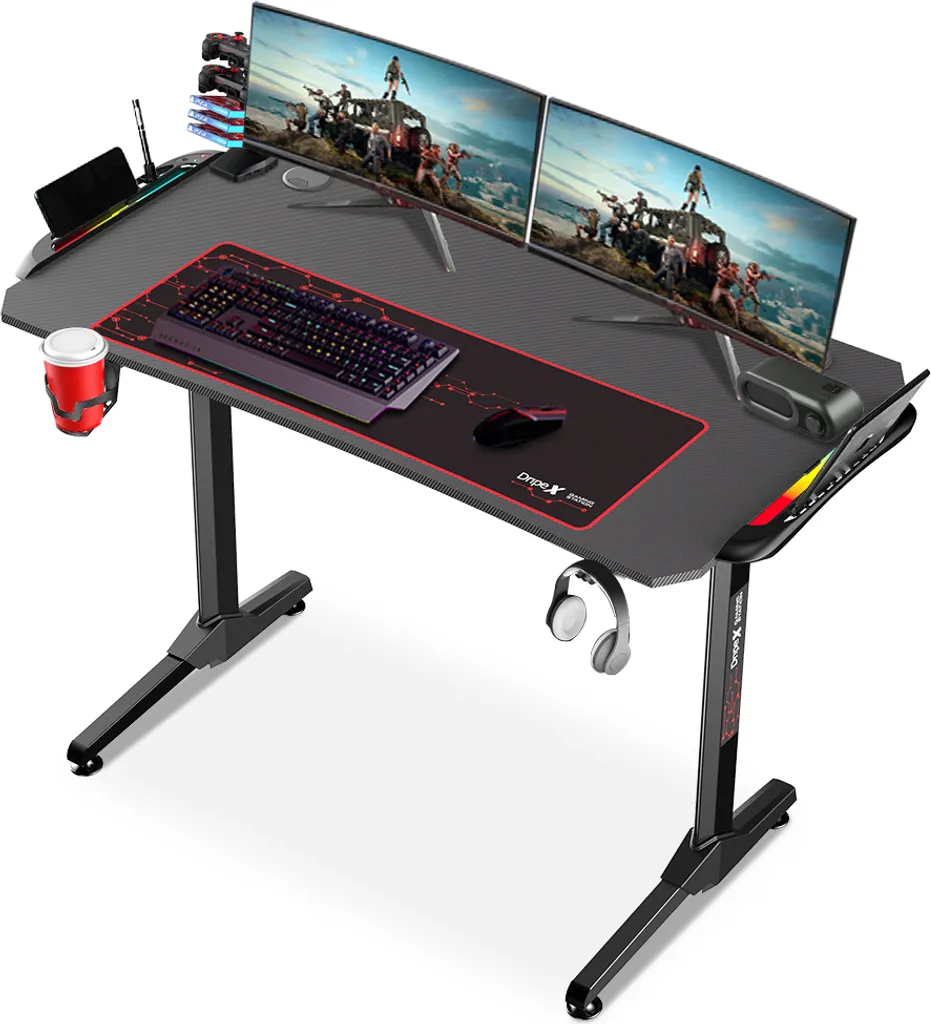 Dripex Gaming Tisch Mit LED, Ergonomischer Schreibtisch Mit Mauspad, Getränke-, Gamepad- Und Kopfhörerhalter, Kohlefaser-Desktop 1 Dripex Gaming Tisch Mit LED, Ergonomischer Schreibtisch Mit Mauspad, Getränke-, Gamepad- Und Kopfhörerhalter, Kohlefaser-Desktop
