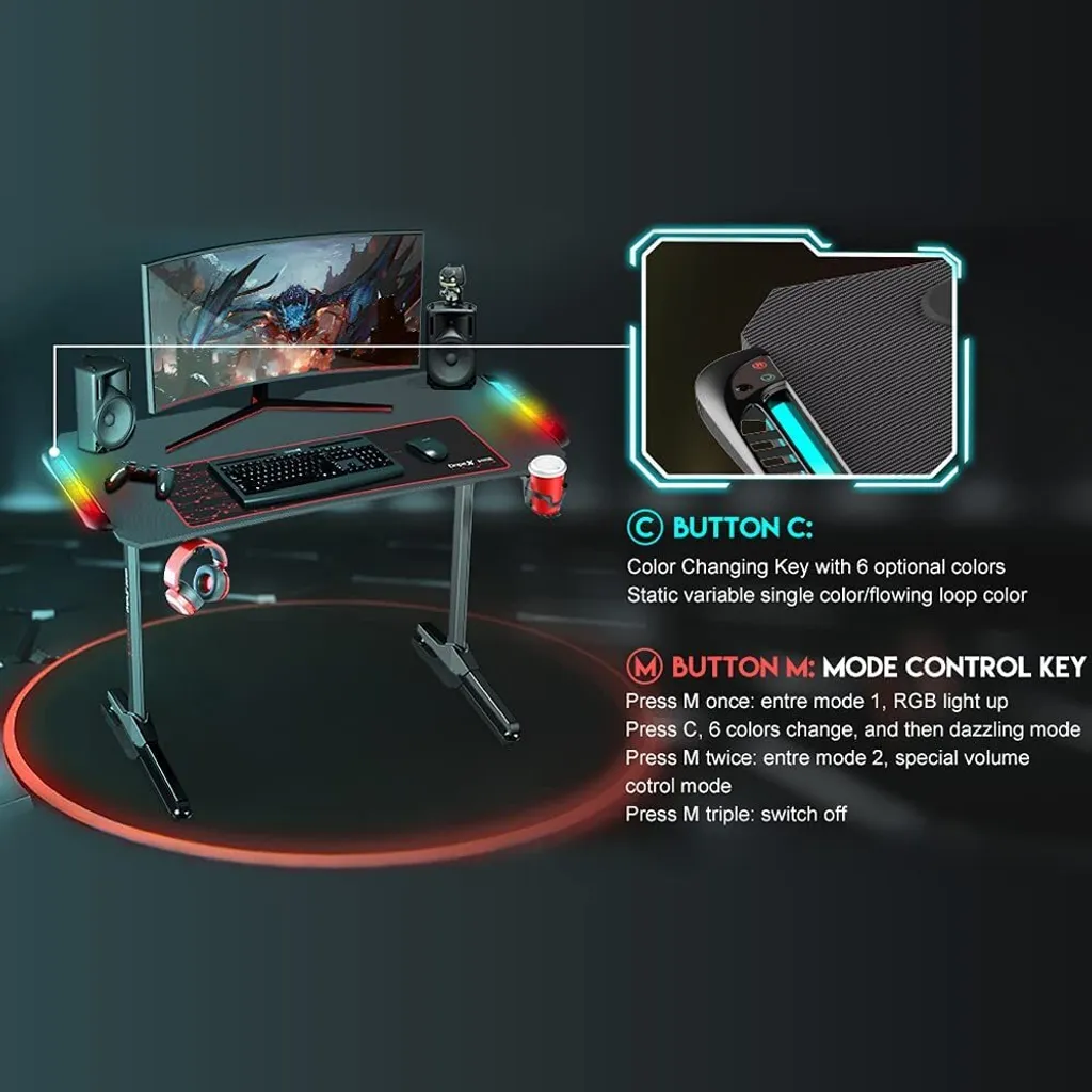Dripex Gaming Tisch Mit LED, Ergonomischer Schreibtisch Mit Mauspad, Getränke-, Gamepad- Und Kopfhörerhalter, Kohlefaser-Desktop 2 Dripex Gaming Tisch Mit LED, Ergonomischer Schreibtisch Mit Mauspad, Getränke-, Gamepad- Und Kopfhörerhalter, Kohlefaser-Desktop – Bild 2