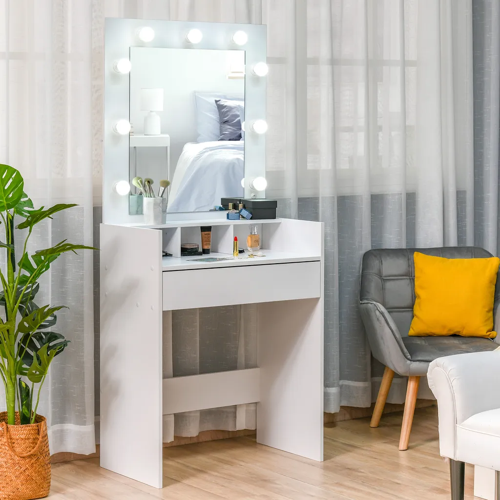 HOMCOM Schminktisch Kosmetiktisch Mit LED Spiegel Schublade 3 Ablagefächern Weiß 70 X 40 X 160 Cm 2 HOMCOM Schminktisch Kosmetiktisch Mit LED Spiegel Schublade 3 Ablagefächern Weiß 70 X 40 X 160 Cm – Bild 2