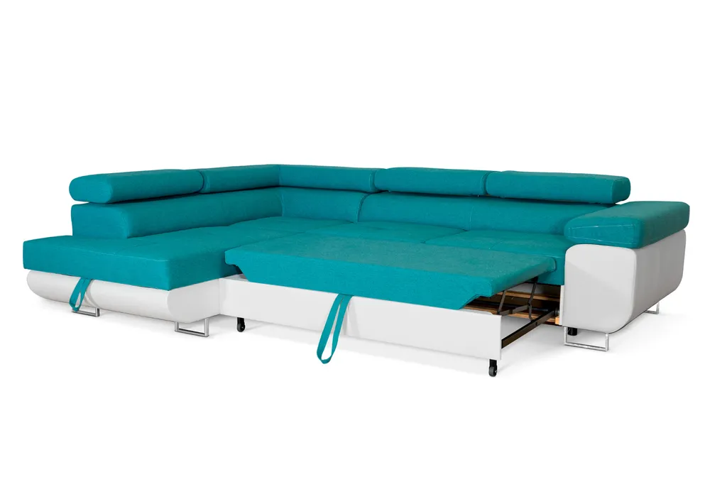 Ecksofa Aller L-form Mit Schlaffunktion Und Bettkasten, Türkis Und Weißes Kunstleder, Links Ottomane. 4 Ecksofa Aller L-form Mit Schlaffunktion Und Bettkasten, Türkis Und Weißes Kunstleder, Links Ottomane. – Bild 4