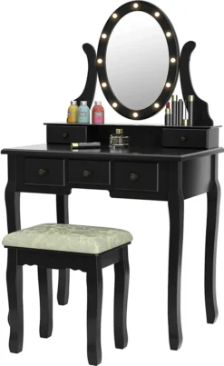 COSTWAY Schminktisch Set Mit LED Beleuchtung, Frisiertisch Mit Hocker Und Spiegel, Frisierkommode Weiß, Kosmetiktisch Mit 5 Schubladen, Schminkkommode Und Schminkhocker Aus Holz Schwarz