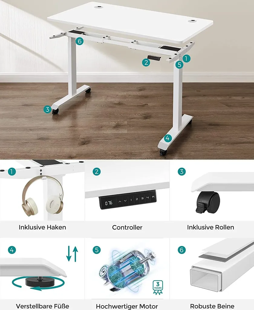 SONGMICS Höhenverstellbarer Schreibtisch Elektrisch, 70 X 140 Cm Tischoberfläche, Doppelmotor, Stufenlos Verstellbar, Memory-Funktion Mit 4 Höhen, Auffahrschutz, Weiß LSD202W01 8 SONGMICS Höhenverstellbarer Schreibtisch Elektrisch, 70 X 140 Cm Tischoberfläche, Doppelmotor, Stufenlos Verstellbar, Memory-Funktion Mit 4 Höhen, Auffahrschutz, Weiß LSD202W01 – Bild 8