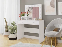 Mirjan24 Schminktisch Fandyl Mit Spiegel, Beleuchtung Und Zwei Schubladen, Elegant (Farbe: Weiß)