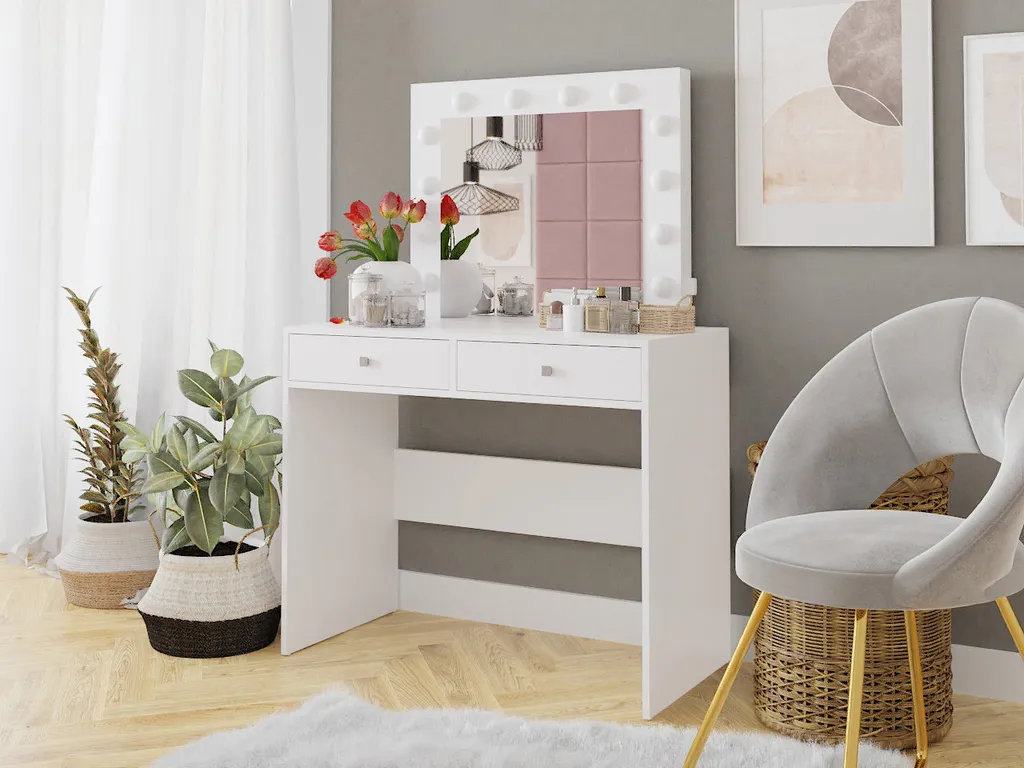 Mirjan24 Schminktisch Fandyl Mit Spiegel, Beleuchtung Und Zwei Schubladen, Elegant (Farbe: Weiß) 1 Mirjan24 Schminktisch Fandyl Mit Spiegel, Beleuchtung Und Zwei Schubladen, Elegant (Farbe: Weiß)
