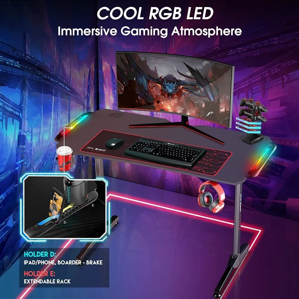Dripex Gaming Tisch Mit LED, Ergonomischer Schreibtisch Mit Mauspad, Getränke-, Gamepad- Und Kopfhörerhalter, Kohlefaser-Desktop 4 Dripex Gaming Tisch Mit LED, Ergonomischer Schreibtisch Mit Mauspad, Getränke-, Gamepad- Und Kopfhörerhalter, Kohlefaser-Desktop – Bild 4