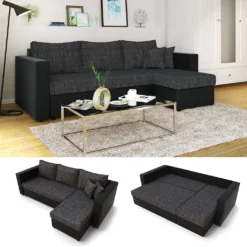 VitaliSpa Ecksofa Mit Schlaffunktion Schwarz Grau 24 X 144 X 95 Cm Kunstleder Webstoff