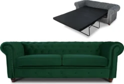 Schlafsofa Chesterfield Asti Bis 3-Sitzer, Sofa Mit Schlaffunktion, Couch 3-er, Couchgarnitur, Sofagarnitur, Holzfüße - Glamour Design, Velours (Dunkelgrün (Velvet 78))