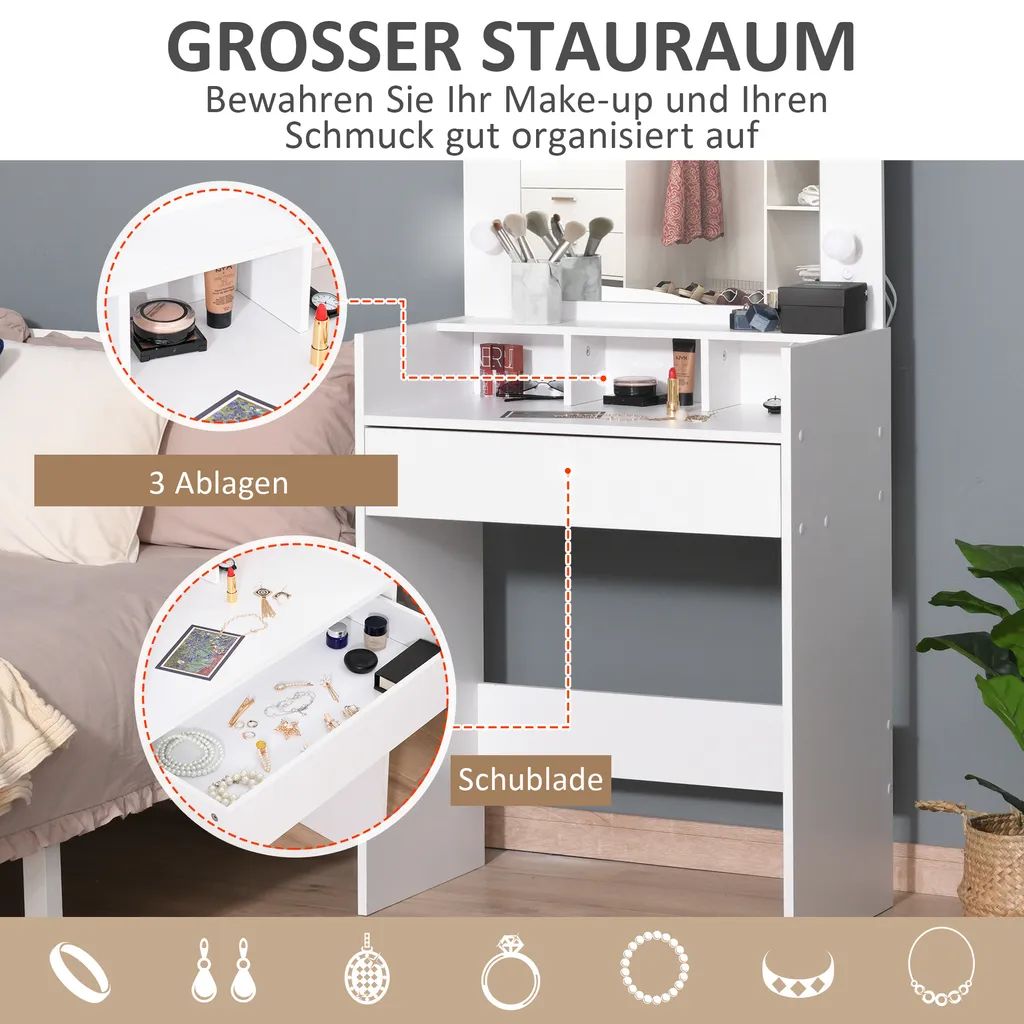 HOMCOM Schminktisch Kosmetiktisch Mit LED Spiegel Schublade 3 Ablagefächern Weiß 70 X 40 X 160 Cm 5 HOMCOM Schminktisch Kosmetiktisch Mit LED Spiegel Schublade 3 Ablagefächern Weiß 70 X 40 X 160 Cm – Bild 5