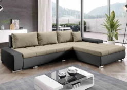 FURNIX Ecksofa TOMMASO Sofa Mit Schlaffunktion Bettkasten Und Kissen Couch Pflegeleichter Stoff L-FORM BRAUN MH84