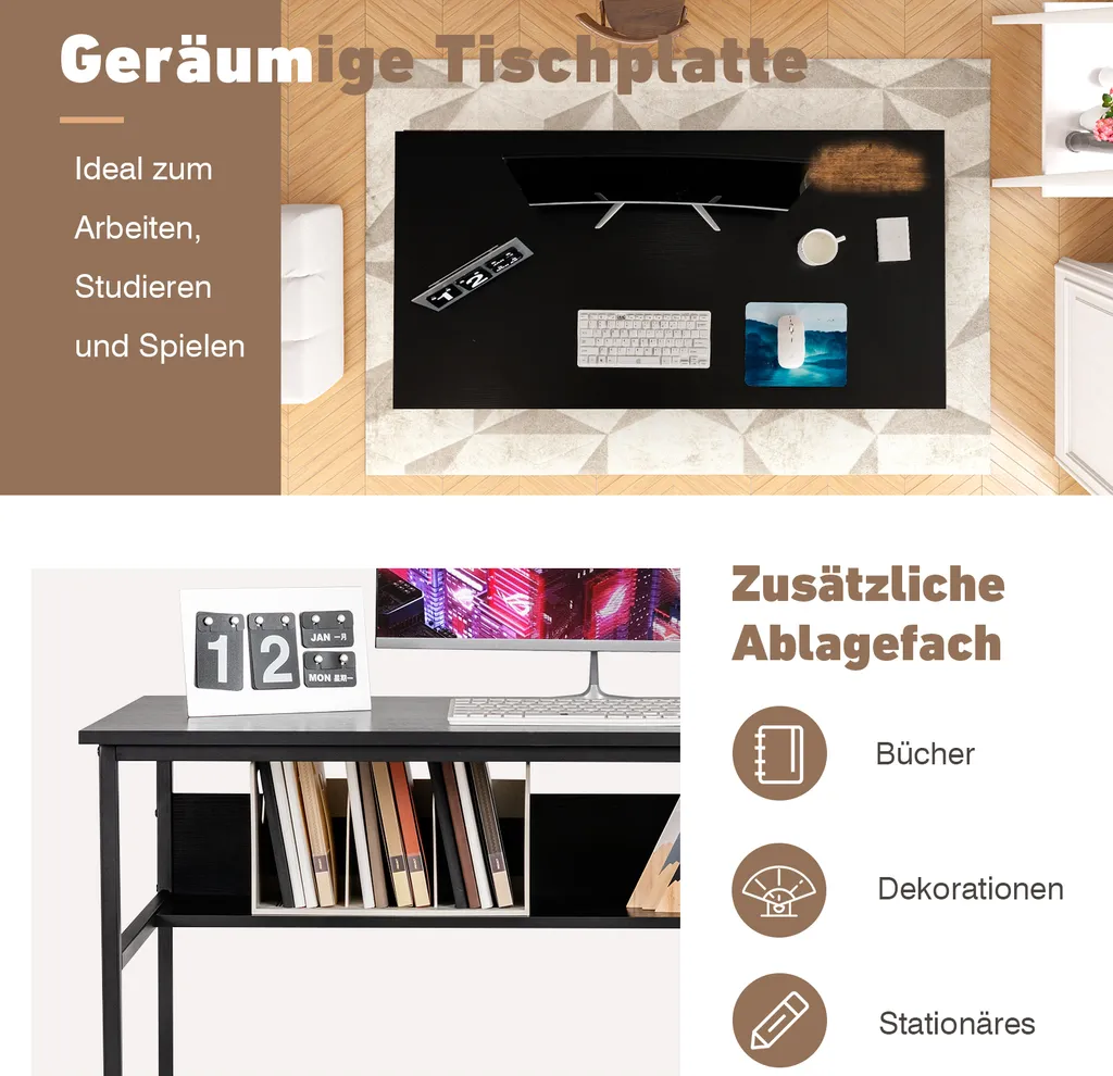 COSTWAY Computertisch Mit Offenem Regal Und CPU-Ständer, Multifunktionaler PC-Arbeitsplatz, Schreibtisch, 120 X 60 X 75 Cm, Schwarz 3 COSTWAY Computertisch Mit Offenem Regal Und CPU-Ständer, Multifunktionaler PC-Arbeitsplatz, Schreibtisch, 120 X 60 X 75 Cm, Schwarz – Bild 3