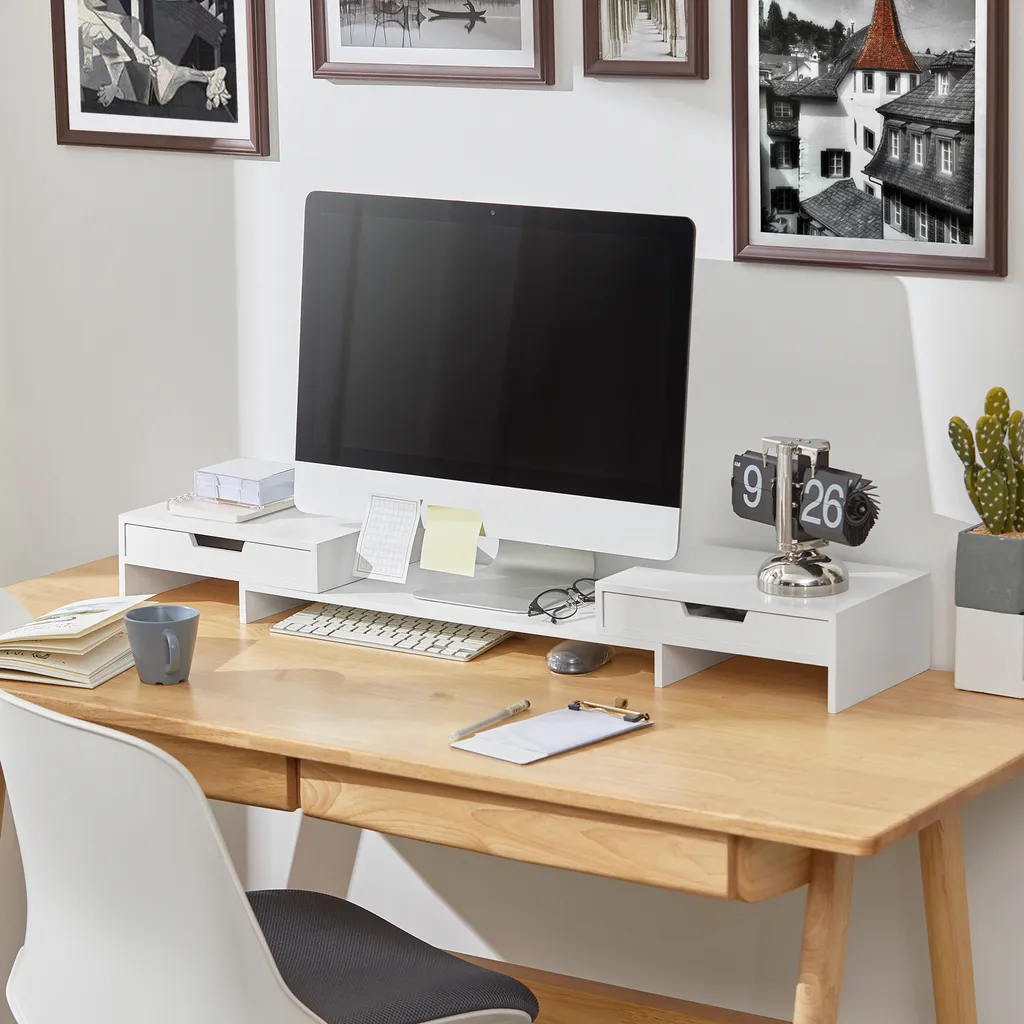 SoBuy BBF04-W Design Monitorerhöhung Für 2 Monitore Bildschirmständer Schreibtischaufsatz Mit 2 Schubladen Weiß BHT Ca.: 60-107x11x22cm 4 SoBuy BBF04-W Design Monitorerhöhung Für 2 Monitore Bildschirmständer Schreibtischaufsatz Mit 2 Schubladen Weiß BHT Ca.: 60-107x11x22cm – Bild 4