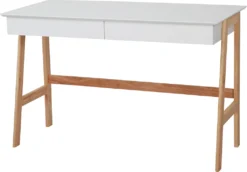 Möbilia Schreibtisch | 2 Schubladen | Tischplatte MDF Weiß Matt | Gestell Holz Natur | B 120 X T 60 X H 77 Cm | 28020025 | Serie SCHREIBTISCH