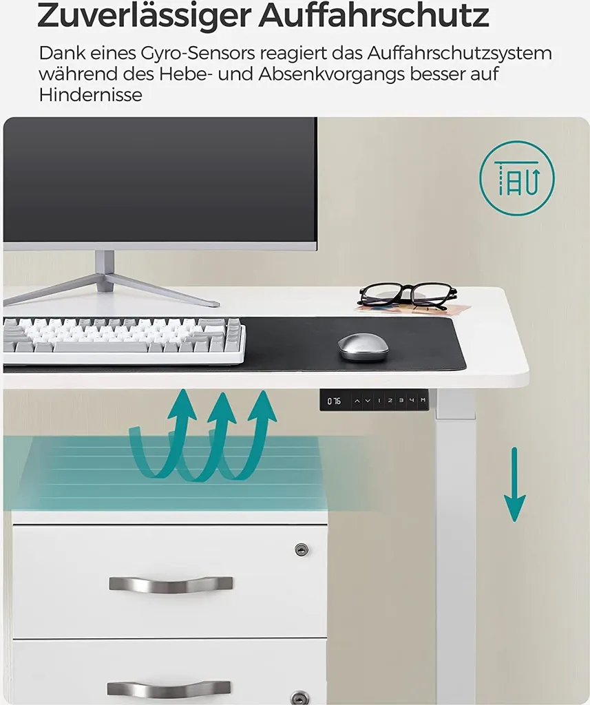 SONGMICS Höhenverstellbarer Schreibtisch Elektrisch, 70 X 140 Cm Tischoberfläche, Doppelmotor, Stufenlos Verstellbar, Memory-Funktion Mit 4 Höhen, Auffahrschutz, Weiß LSD202W01 7 SONGMICS Höhenverstellbarer Schreibtisch Elektrisch, 70 X 140 Cm Tischoberfläche, Doppelmotor, Stufenlos Verstellbar, Memory-Funktion Mit 4 Höhen, Auffahrschutz, Weiß LSD202W01 – Bild 7