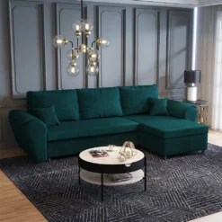 Selsey Ecksofa CEBDIE - Schlafsofa In L-Form Mit Ottomane, Bettkasten Und Veloursbezug In Dunkelgrün, 265 Cm Breit