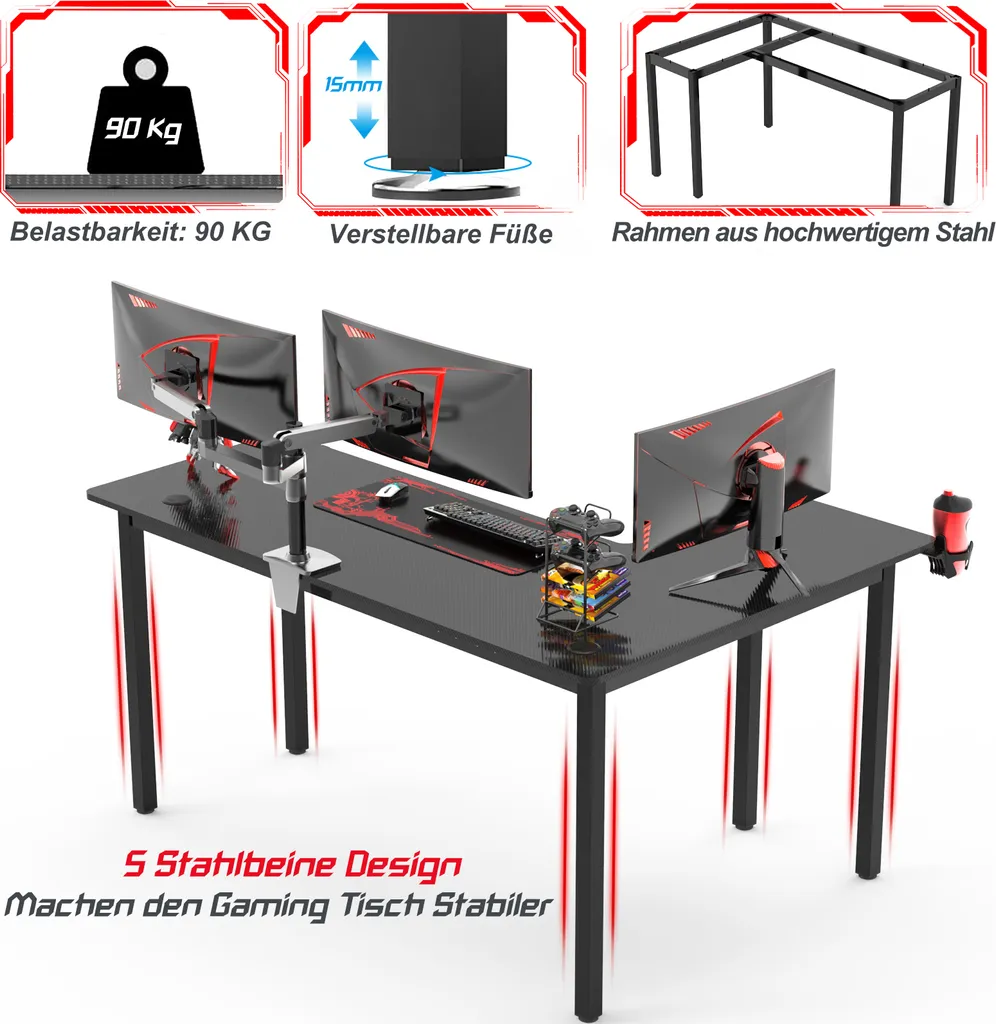 Iropro Gaming Tisch L Form Eckschreibtisch 155CM, Schreibtisch L-förmiger Ergonomic Gaming Computertisch Kohlefaseroberfläche Für E-Sport 155x110x77.5CM 2 Iropro Gaming Tisch L Form Eckschreibtisch 155CM, Schreibtisch L-förmiger Ergonomic Gaming Computertisch Kohlefaseroberfläche Für E-Sport 155x110x77.5CM – Bild 2