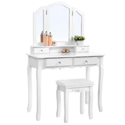 Schminktisch Mit Spiegel Und Hocker Frisiertisch Mit 4 Schubladen Inkl. 2 Stück Unterteiler Kosmetiktisch Mit Kippsicherung Weiß SONGMICS RDT07W