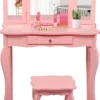 COSTWAY Kinder Schminktisch Mit Hocker Und Abnehmbarer Spiegel, Mädchen Frisiertisch Holz, Kindertisch Mit Schublade, Spiegeltisch 70x34x103cm (Rosa)