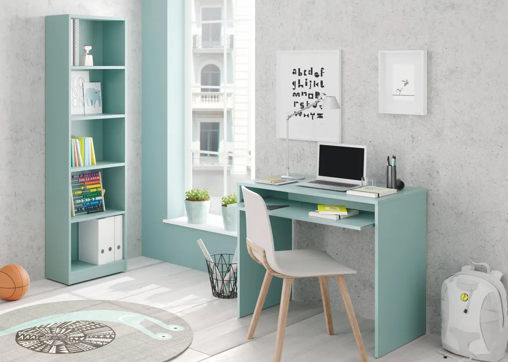 Dayton Schreibtisch, Bürotisch Mit Regal, Studiertisch Mit PC-Halterung Für Büro Oder Schlafzimmer, Studiertisch, Cm 90x54h79, Green Water 2 Dayton Schreibtisch, Bürotisch Mit Regal, Studiertisch Mit PC-Halterung Für Büro Oder Schlafzimmer, Studiertisch, Cm 90x54h79, Green Water – Bild 2