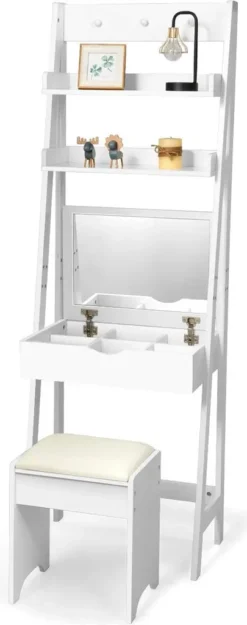 COSTWAY Schminktisch Mit Klappspiegel, Make-up Tisch Leiterregal, Frisiertisch Set Mit Hocker, Frisierkommode Mit Haken Und Ablagefaechern, Schreibtisch Weiss