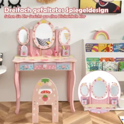 COSTWAY Kinder Schminktisch Set, Prinzessin Frisiertisch Mit Klappbarem Spiegel, Schminkhocker Und 3 Schubladen, Make-up Schminktisch Frisierkommode Für Kinder Mädchen (Pink) 8 COSTWAY Kinder Schminktisch Set, Prinzessin Frisiertisch Mit Klappbarem Spiegel, Schminkhocker Und 3 Schubladen, Make-up Schminktisch Frisierkommode Für Kinder Mädchen (Pink) -VIDAXL || HOMCOM Verkäufe 4d1571785db318941308a63851643fed