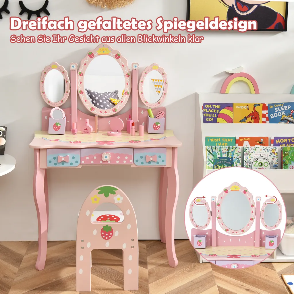 COSTWAY Kinder Schminktisch Set, Prinzessin Frisiertisch Mit Klappbarem Spiegel, Schminkhocker Und 3 Schubladen, Make-up Schminktisch Frisierkommode Für Kinder Mädchen (Pink) 3 COSTWAY Kinder Schminktisch Set, Prinzessin Frisiertisch Mit Klappbarem Spiegel, Schminkhocker Und 3 Schubladen, Make-up Schminktisch Frisierkommode Für Kinder Mädchen (Pink) – Bild 3