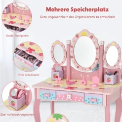 COSTWAY Kinder Schminktisch Set, Prinzessin Frisiertisch Mit Klappbarem Spiegel, Schminkhocker Und 3 Schubladen, Make-up Schminktisch Frisierkommode Für Kinder Mädchen (Pink) 9 COSTWAY Kinder Schminktisch Set, Prinzessin Frisiertisch Mit Klappbarem Spiegel, Schminkhocker Und 3 Schubladen, Make-up Schminktisch Frisierkommode Für Kinder Mädchen (Pink) -VIDAXL || HOMCOM Verkäufe 4d23a70589c619e69a395207c9fff0ce