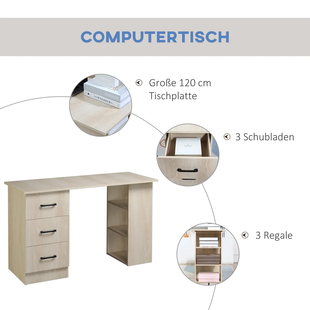 HOMCOM Schreibtisch Computertisch Bürotisch Arbeitstisch Regal Mit 3 Schubladen Regale Natur 120 X 49 X 72 Cm 4 HOMCOM Schreibtisch Computertisch Bürotisch Arbeitstisch Regal Mit 3 Schubladen Regale Natur 120 X 49 X 72 Cm – Bild 4