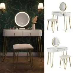 Vicco Schminktisch + LED + Hocker Grace Weiß 100 X 78,5 X 40 Cm Holzwerkstoff