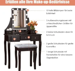 COSTWAY Schminktisch Mit Hocker, 360° Drehbarem Spiegel Und 10 Dimmbaren LED-Birnen, Frisiertisch Mit 5 Schubladen Und Organisator, Kosmetiktisch Aus Tisch Und Abnehmbarer Oberteil (Braun) -VIDAXL || HOMCOM Verkäufe 584054d50e419fefa39cf24f7efd1b86