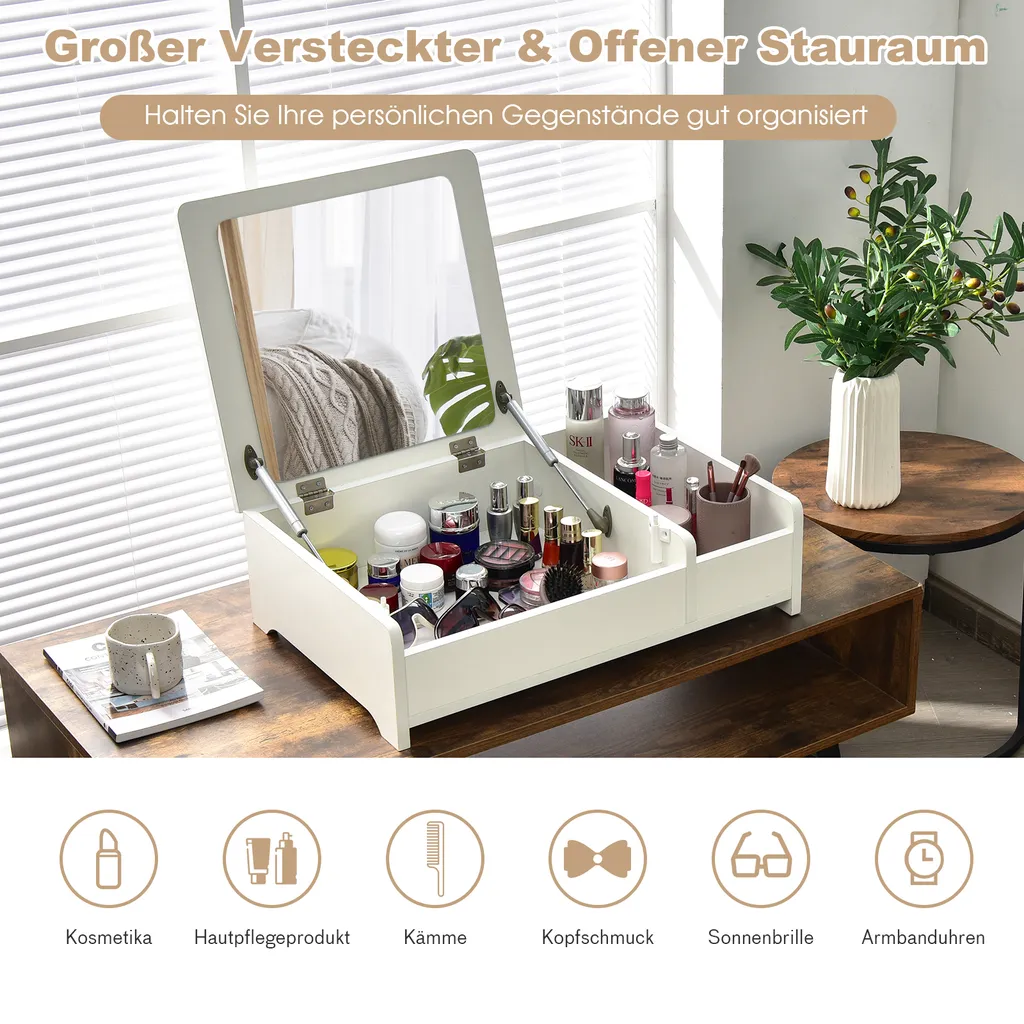 COSTWAY Kompakter Schminktisch Mit Spiegel, Frisierkommode, Moderner Kleiner Tisch Für Schlafzimmer, Arbeitszimmer, Weiß 3 COSTWAY Kompakter Schminktisch Mit Spiegel, Frisierkommode, Moderner Kleiner Tisch Für Schlafzimmer, Arbeitszimmer, Weiß – Bild 3