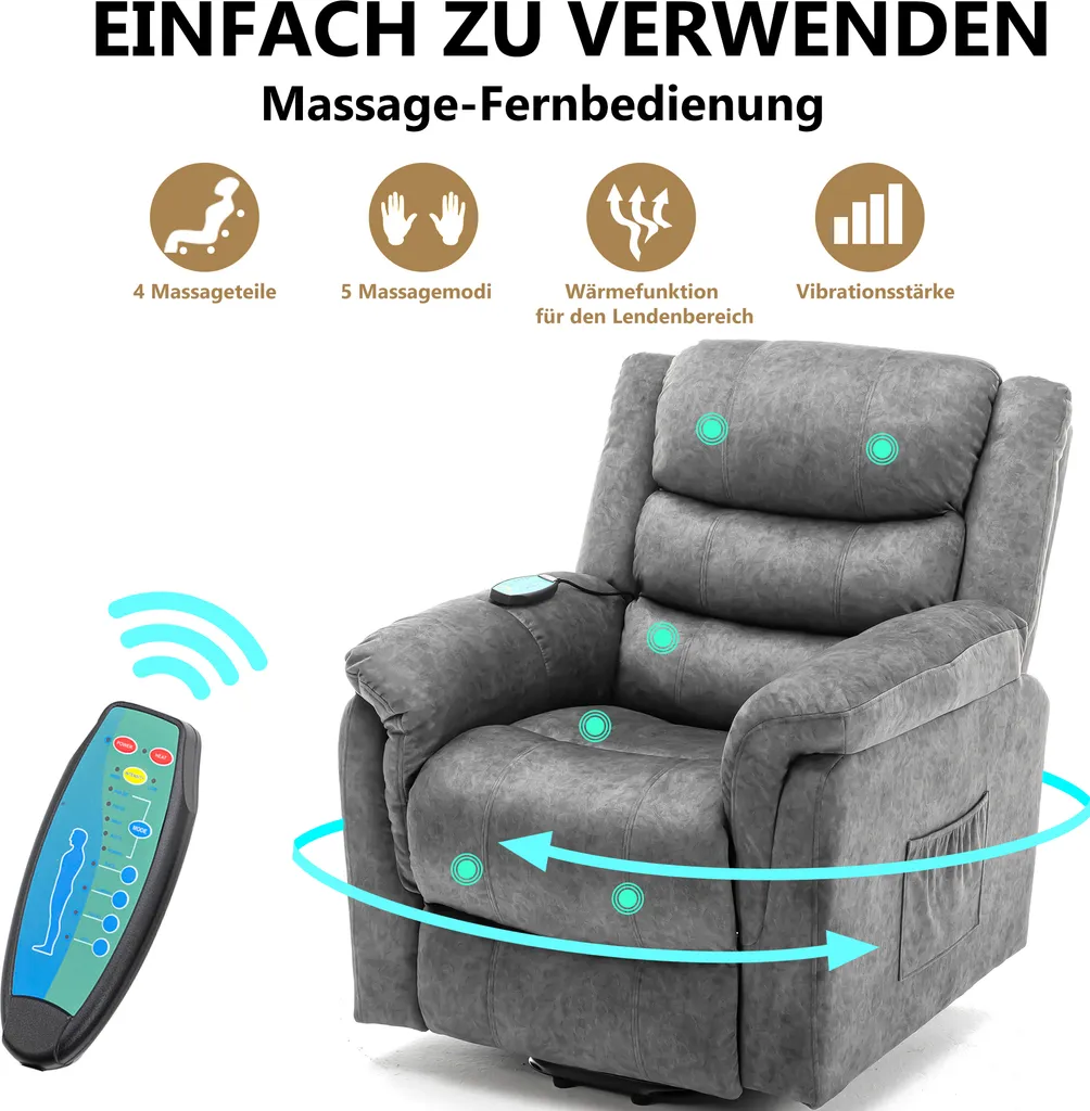 Merax Elektrisch Aufstehhilfe Relaxsessel Massagesessel Mit Heizfunktion Und Vibration, Fernsehsessel Mit Liegefunktion, Grau 2 Merax Elektrisch Aufstehhilfe Relaxsessel Massagesessel Mit Heizfunktion Und Vibration, Fernsehsessel Mit Liegefunktion, Grau – Bild 2