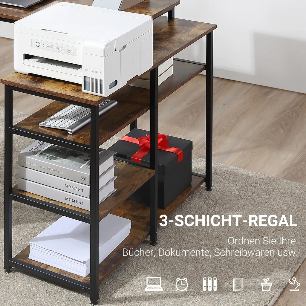 HOMCOM Eckschreibtisch Winkelschreibtisch PC-Tisch Computertisch Bürotisch Regal Schublade L-Form Spanplatte Metall Rustikales Braun 135 X 90 X 79 Cm 4 HOMCOM Eckschreibtisch Winkelschreibtisch PC-Tisch Computertisch Bürotisch Regal Schublade L-Form Spanplatte Metall Rustikales Braun 135 X 90 X 79 Cm – Bild 4