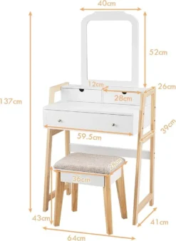 COSTWAY Schminktisch Mit Gepolstertem Hocker, Frisiertisch Set Mit Kiefernbeinen, Make-up Tisch Mit 3 Schubladen, Frisierkommode Weiß, Kosmetiktisch Mit Einstellbarem Spiegel -VIDAXL || HOMCOM Verkäufe 62e7826de593f6da3eaa55547a8bcdab