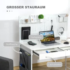 HOMCOM Computertisch Schreibtisch Mit 2 Schubladen Notizgitter Stofftasche Arbeitstisch Bürotisch Laptop Stahl Spanplatte Weiß+Grau 110 X 58,5 X 127 Cm -VIDAXL || HOMCOM Verkäufe 63a0fd68de318aad5b2204dee5e403d2