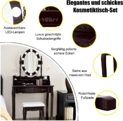 COSTWAY Schminktisch Set Mit 10 LED-Leuchten, Frisiertisch Mit Spiegel Und Schminkhocker, Helligkeit Einstellbar, Kosmetiktisch Mit 4 Schubladen Für Schlafzimmer, Make Up Tisch Holz (Braun) -VIDAXL || HOMCOM Verkäufe 6738f73e3584955cec0ea9b09d6279ab