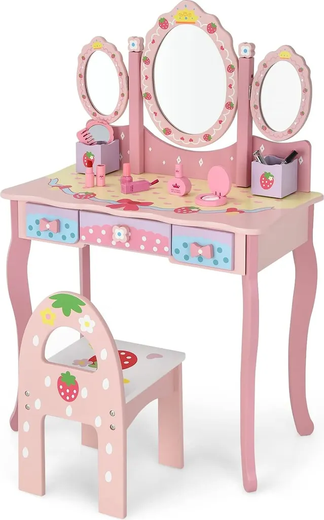 COSTWAY Kinder Schminktisch Set, Prinzessin Frisiertisch Mit Klappbarem Spiegel, Schminkhocker Und 3 Schubladen, Make-up Schminktisch Frisierkommode Für Kinder Mädchen (Pink) 1 COSTWAY Kinder Schminktisch Set, Prinzessin Frisiertisch Mit Klappbarem Spiegel, Schminkhocker Und 3 Schubladen, Make-up Schminktisch Frisierkommode Für Kinder Mädchen (Pink)
