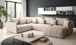 GRAINGOLD Ecksofa U Ardi Bis - Eckcouch Mit Universelle Ottomane - Schlaffunktion & Bettkasten - Ecksofa Samt Stoff - Beige (Monolith 04)