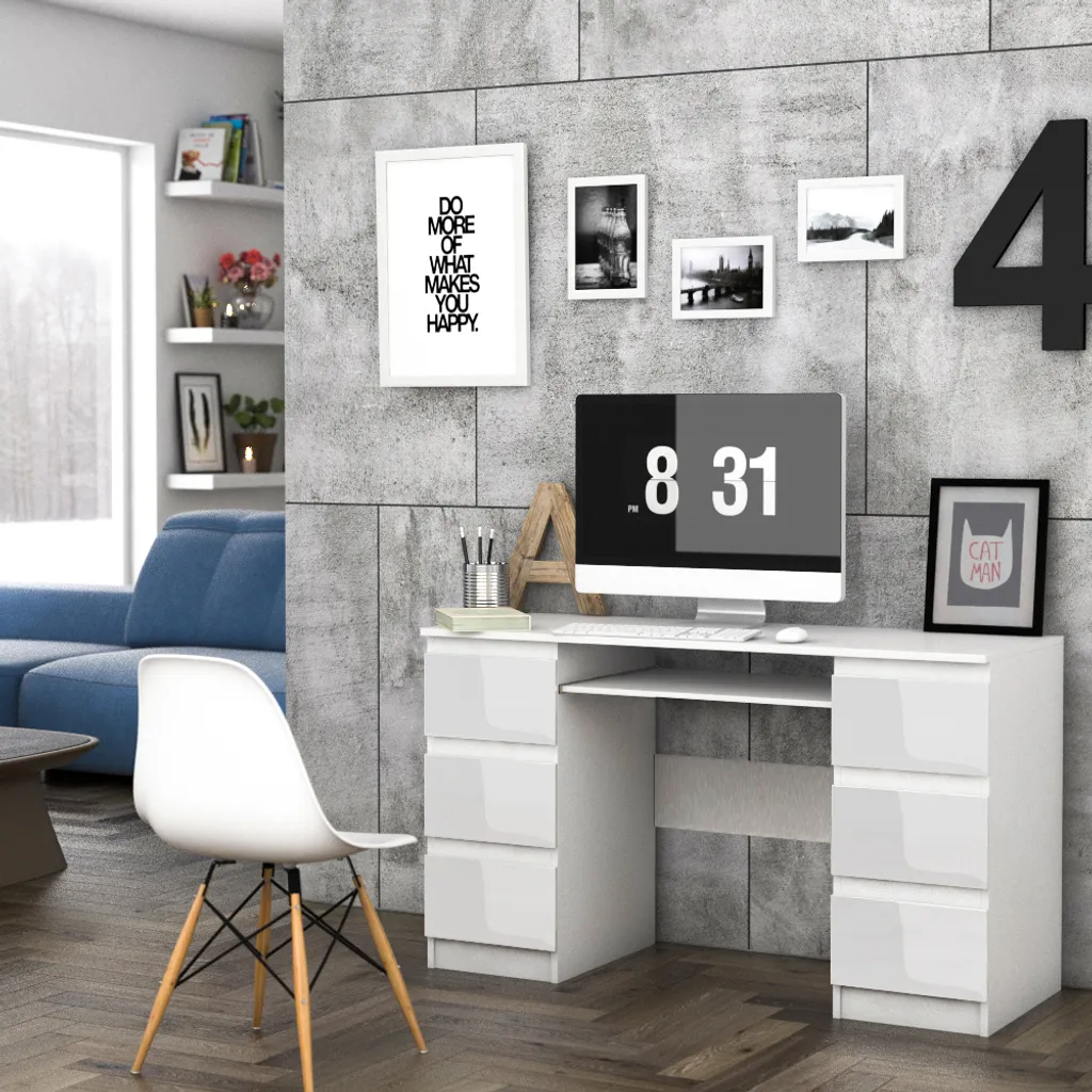 Selsey Schreibtisch SANECT - Computertisch In Weiß Matt / Weiß Hochglanz Mit Tastaturauszug Und 6 Schubladen, 130 X 51 Cm 1 Selsey Schreibtisch SANECT - Computertisch In Weiß Matt / Weiß Hochglanz Mit Tastaturauszug Und 6 Schubladen, 130 X 51 Cm