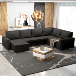 Selsey Wohnlandschaft FOXGLOVE - Schlafsofa In U-Form Mit Wasserabweisendem Veloursbezug In Dunkelgrau, Ottomane Und Bettkasten, 285 Cm Breit