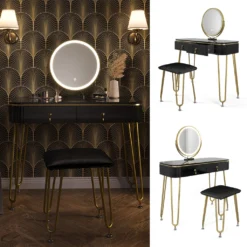 Vicco Schminktisch + LED + Hocker Grace Schwarz 100 X 78,5 X 40 Cm MDF